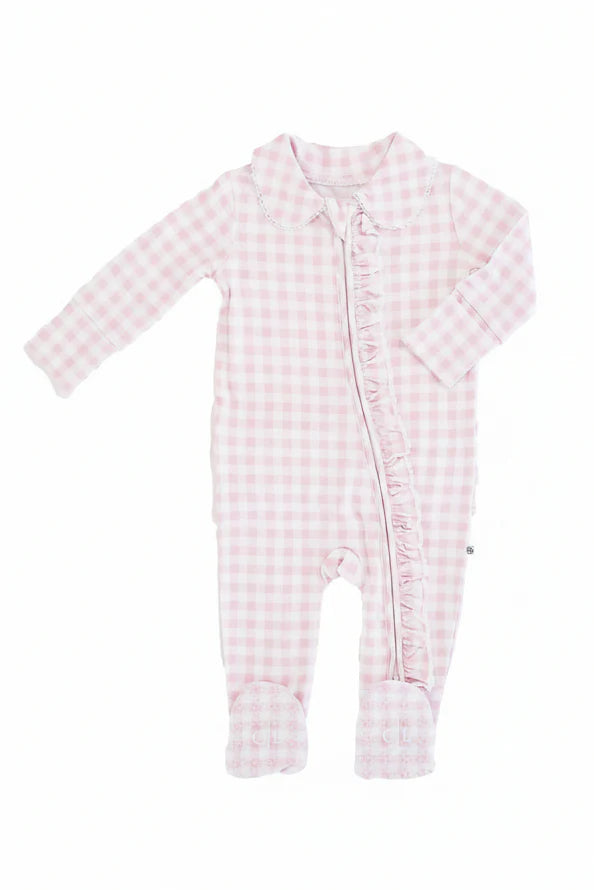 Caden Lane Rosy | Gingham Peter Pan Collar Ruffle Zipper Footie