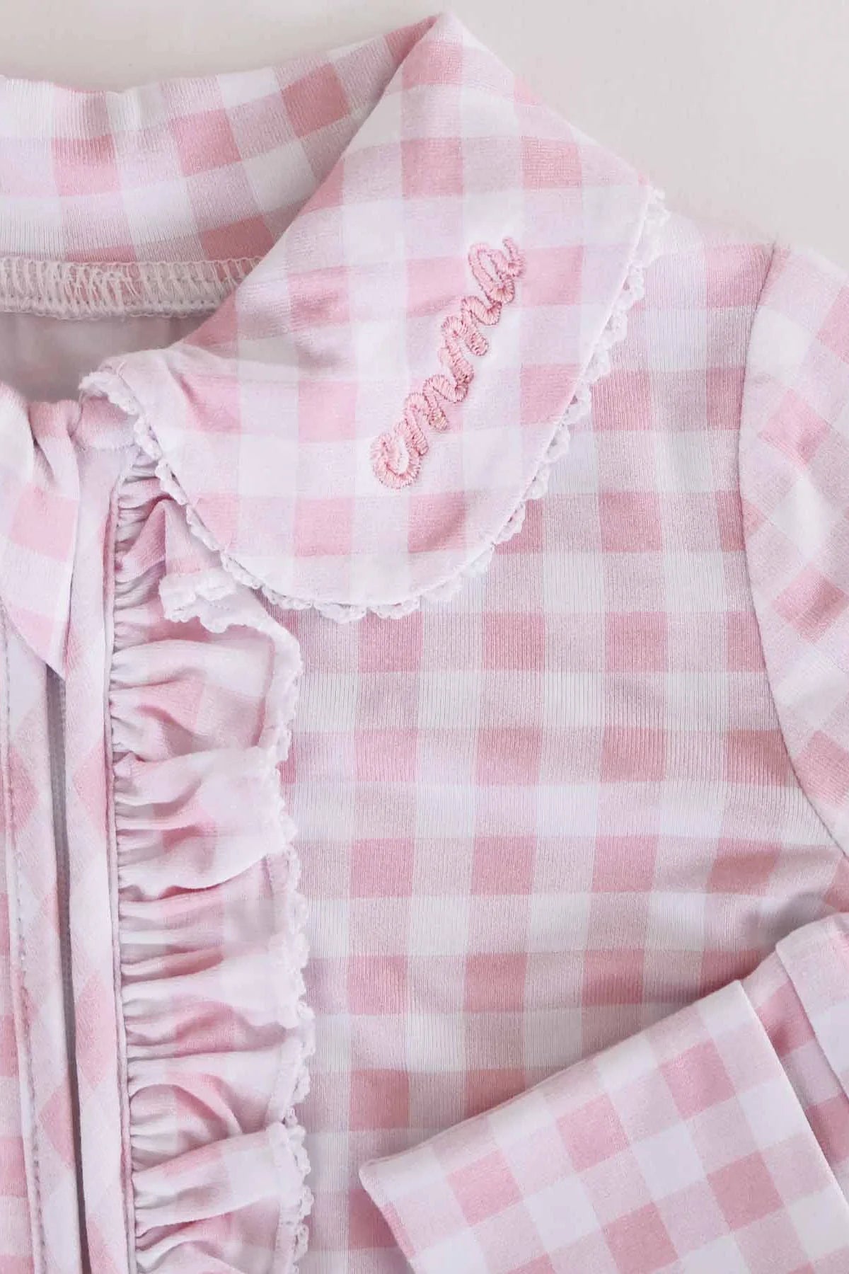Caden Lane Rosy | Gingham Peter Pan Collar Ruffle Zipper Footie