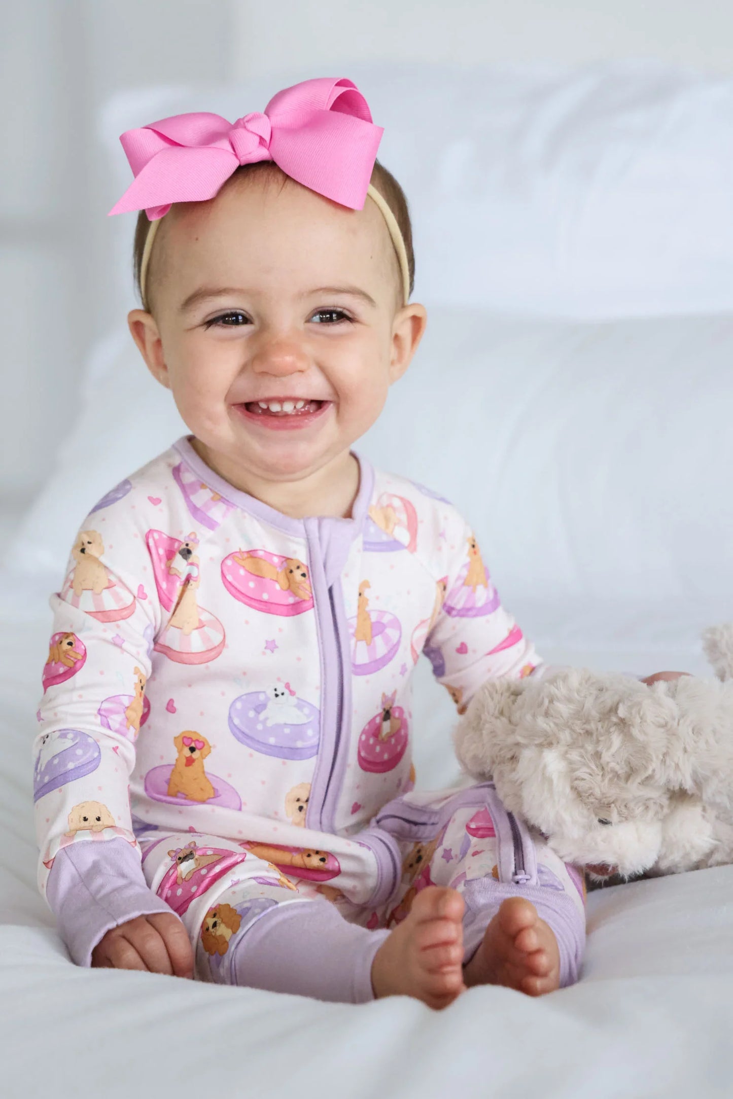 Caden Lane Pink | Poolside Pups Ruffle Zipper Footie