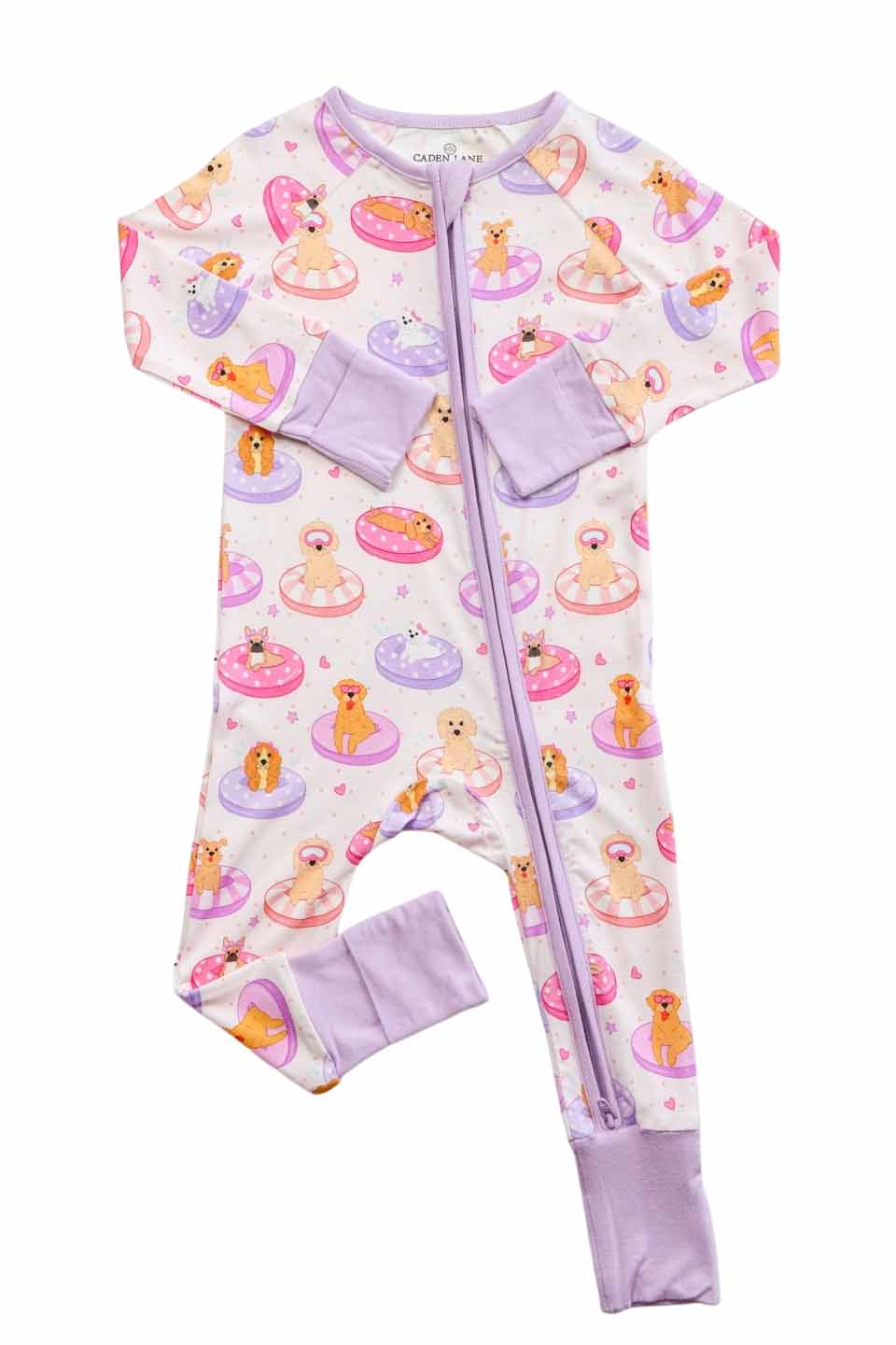 Caden Lane Pink | Poolside Pups Ruffle Zipper Footie