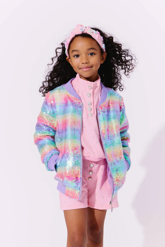 Lola + The Boys Rainbow Sequin Stripe | Bomber Jacket