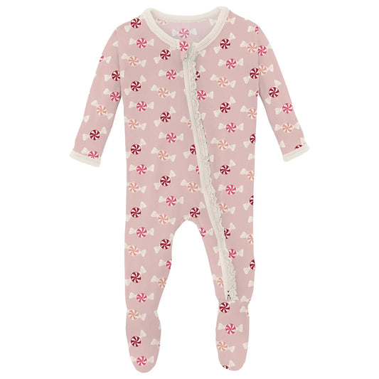 Kickee Baby Rose Peppermints | Print Classic Ruffle Footie With 2 Way Zipper