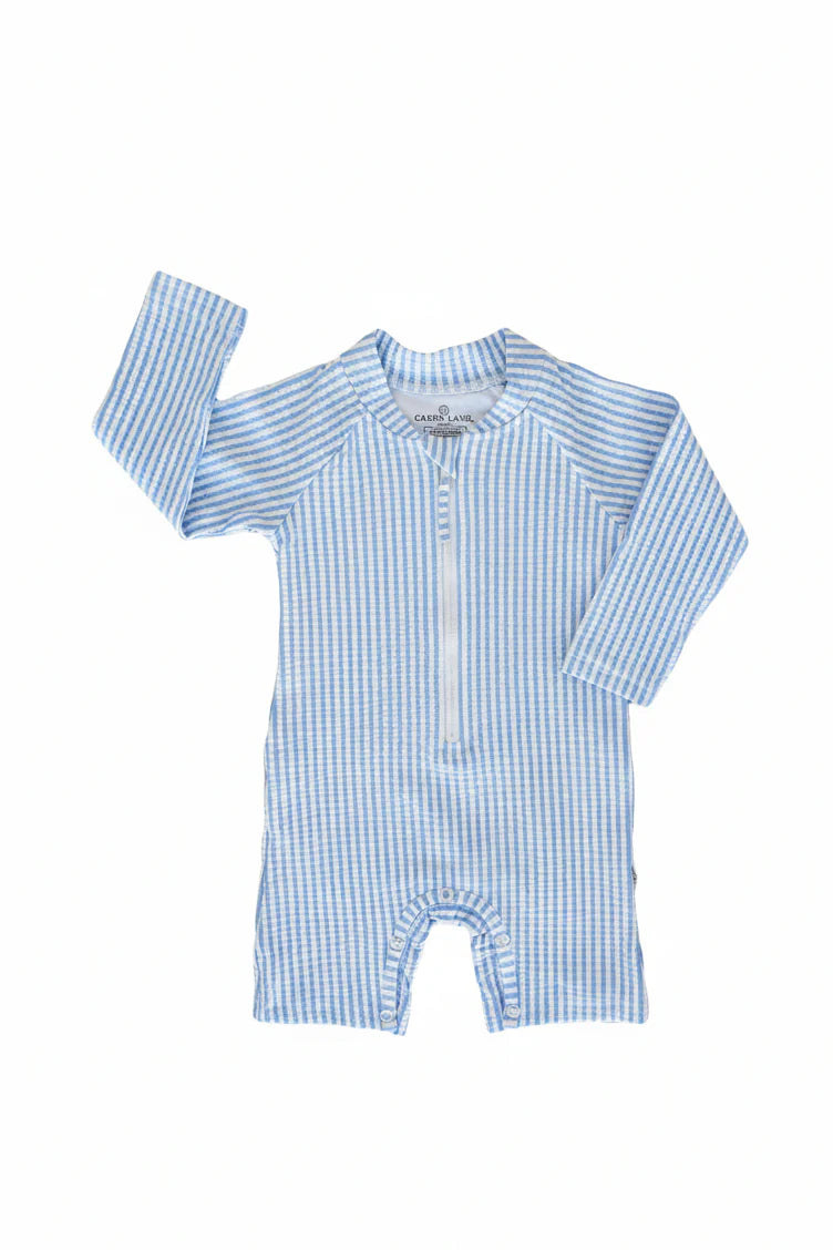Caden Lane Blue | Seersucker Long Sleeve Rash Guard Swim Romper Shortie