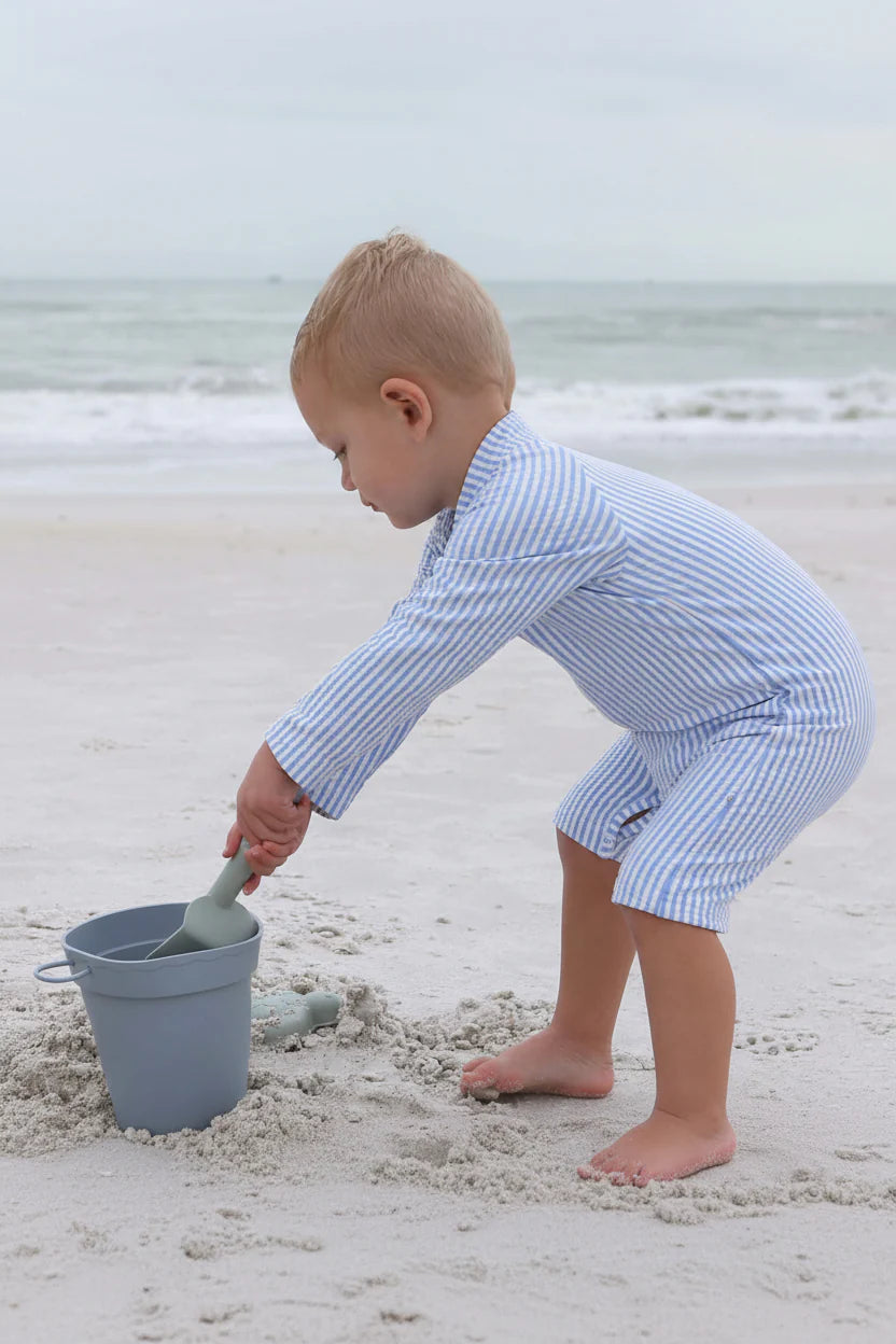 Caden Lane Blue | Seersucker Long Sleeve Rash Guard Swim Romper Shortie