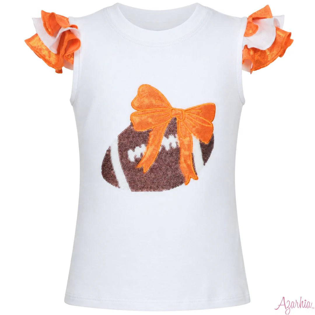 Azarhia Orange | Sequin Football Shimmer Ruffle Sleeve Tee