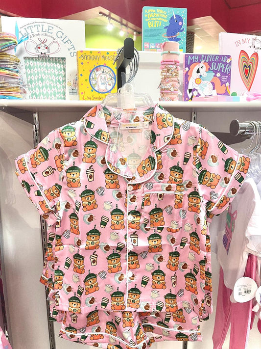 Tweenstyle Light Pink | Bearista & Coffee Print Short Sleeve Satin Loungewear Set