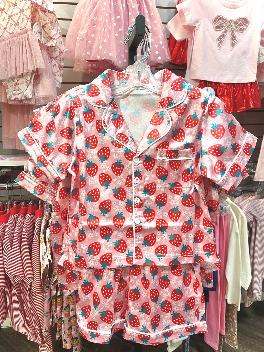 Tweenstyle Pink & Red Strawberries | Print Satin Short Sleeve Loungewear Set