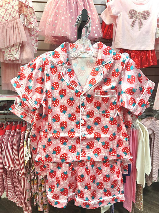Tweenstyle Pink & Red Strawberries | Print Satin Short Sleeve Loungewear Set