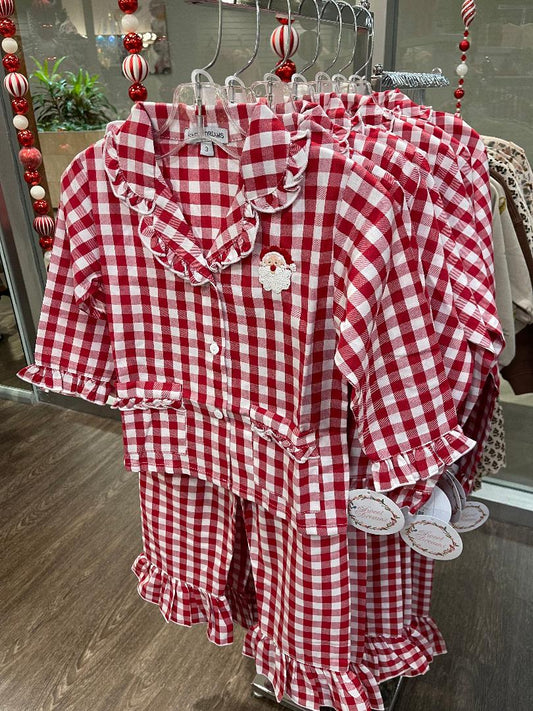 Sweet Dreams Red Gingham | Ruffled Collar with Embroidered Santa PJ Set