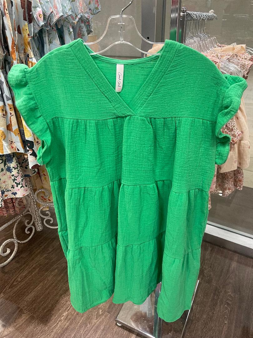 Good Girl Kelly Green | Ruffle Sleeves Tiered Gauze Dress