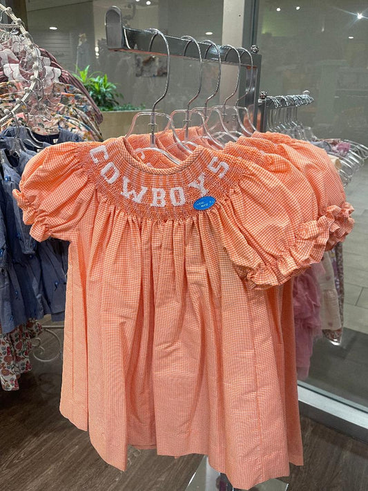 Vive La Fete OSU Orange | Smocked Gingham Short Sleeve Bishop Dress