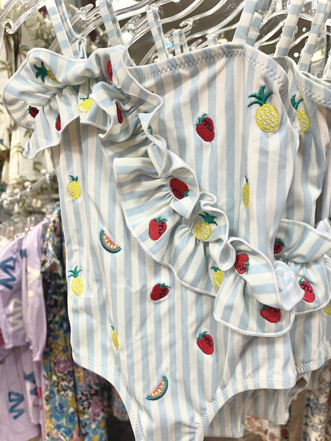 Shade Critters Blue Picnic Stripe | 1 Shoulder Embroidered Ruffle Swimsuit