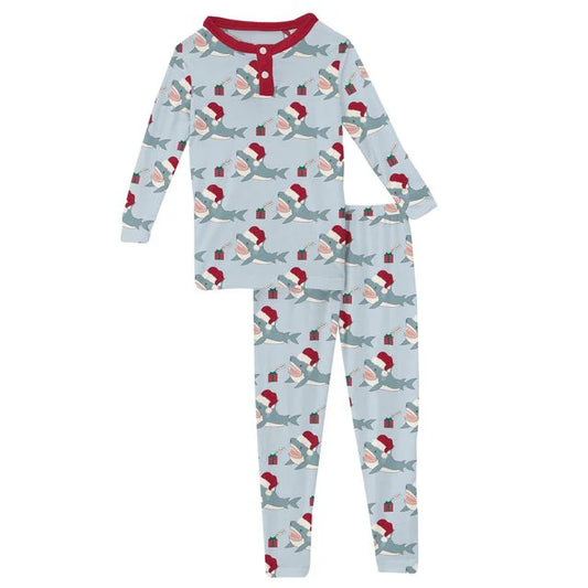 Kickee Illusion Blue Holiday Sharks | Print Long Sleeve Henley PJ Set